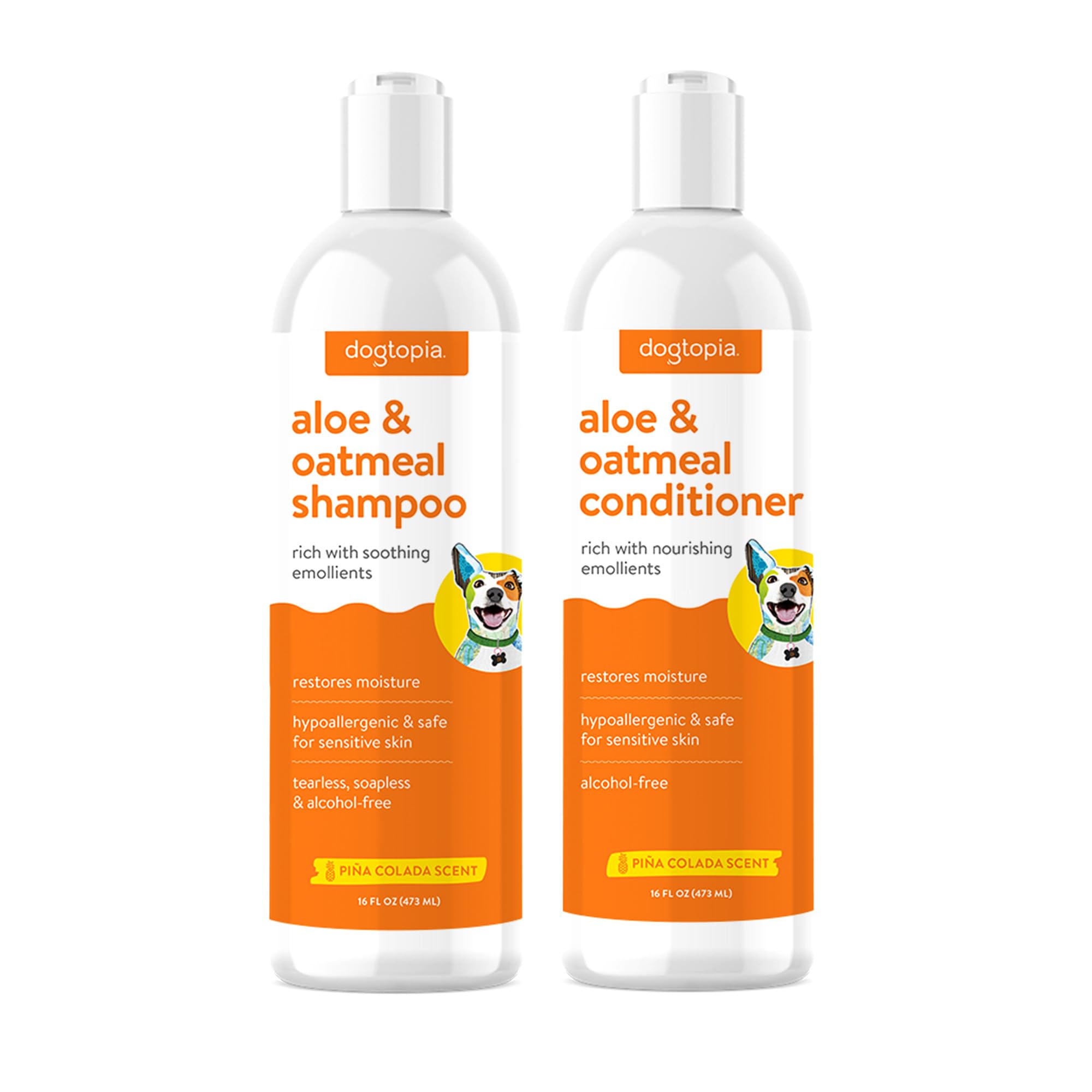 Dogtopia Aloe & Oatmeal shampoo bottle with pina colada scent for refreshing baths