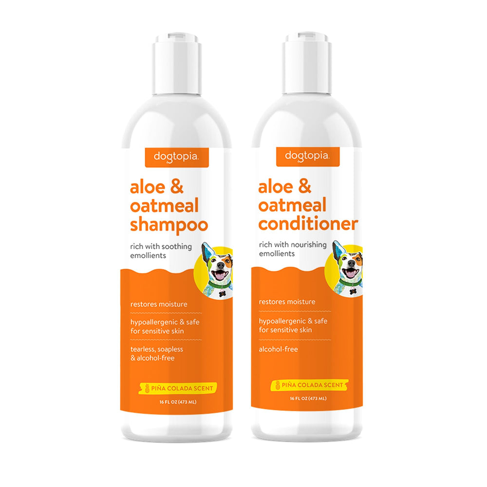 Dogtopia Aloe & Oatmeal shampoo bottle with pina colada scent for refreshing baths