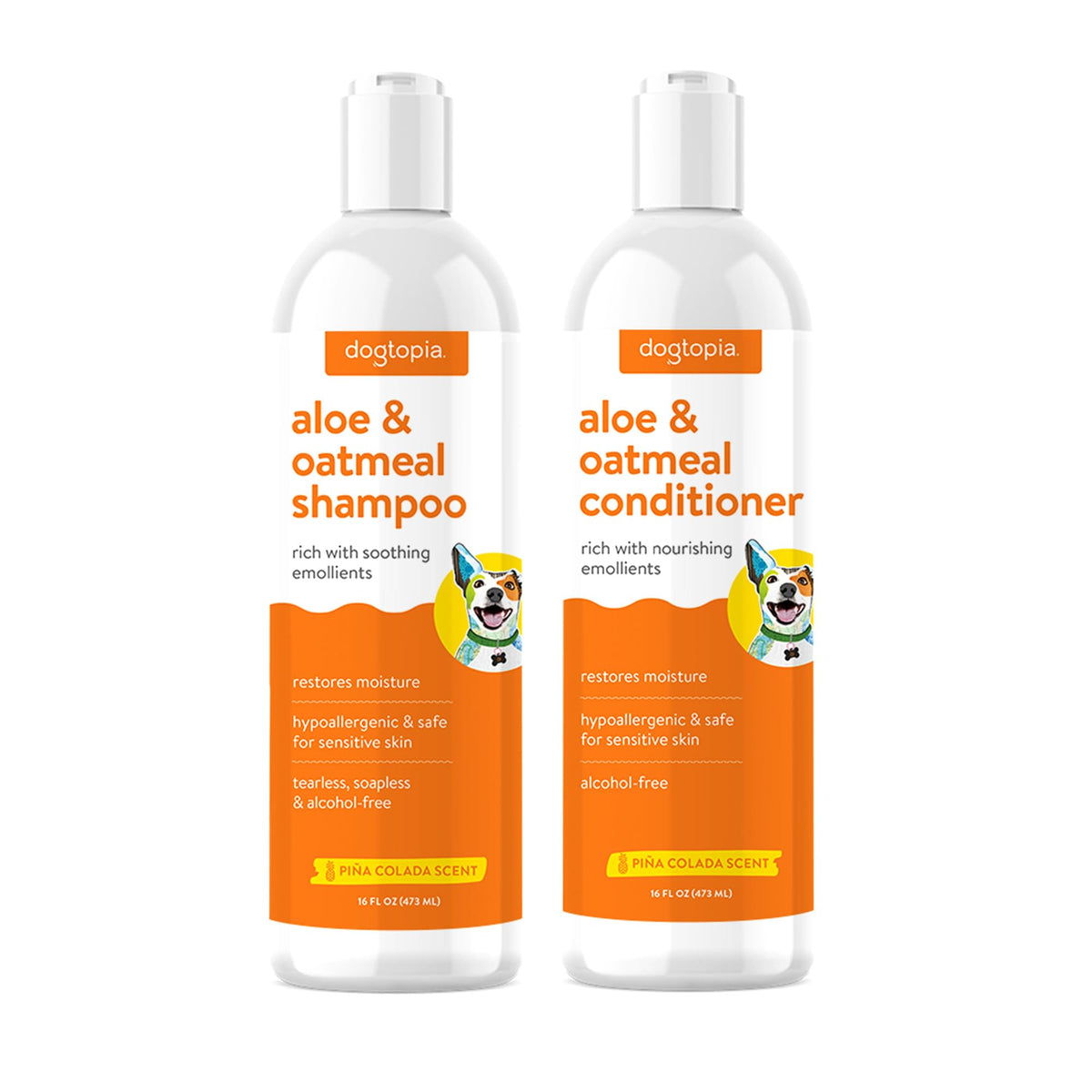 Dogtopia Aloe & Oatmeal shampoo bottle with pina colada scent for refreshing baths