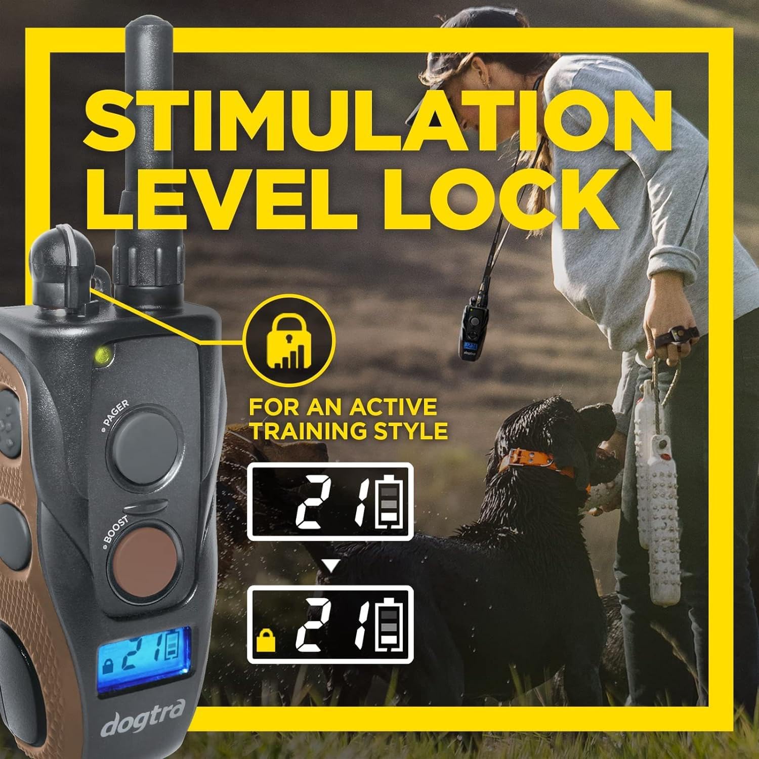 Dogtra 1900S HANDSFREE boost button close-up for adjustable corrections