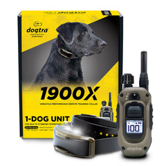 Dogtra 1900X collar front view highlights rugged metal case for outdoor training reliability