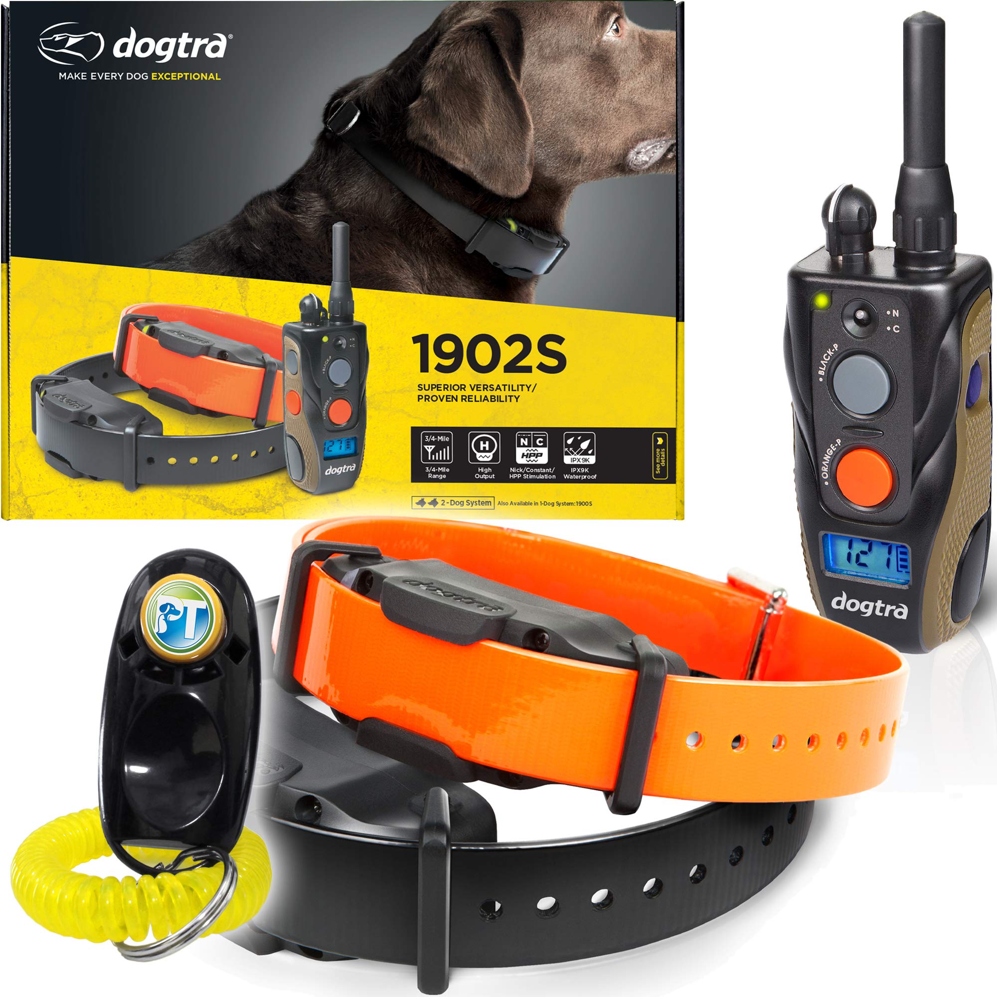 Dogtra 1902S remote transmitter with LCD shows range for outdoor training.