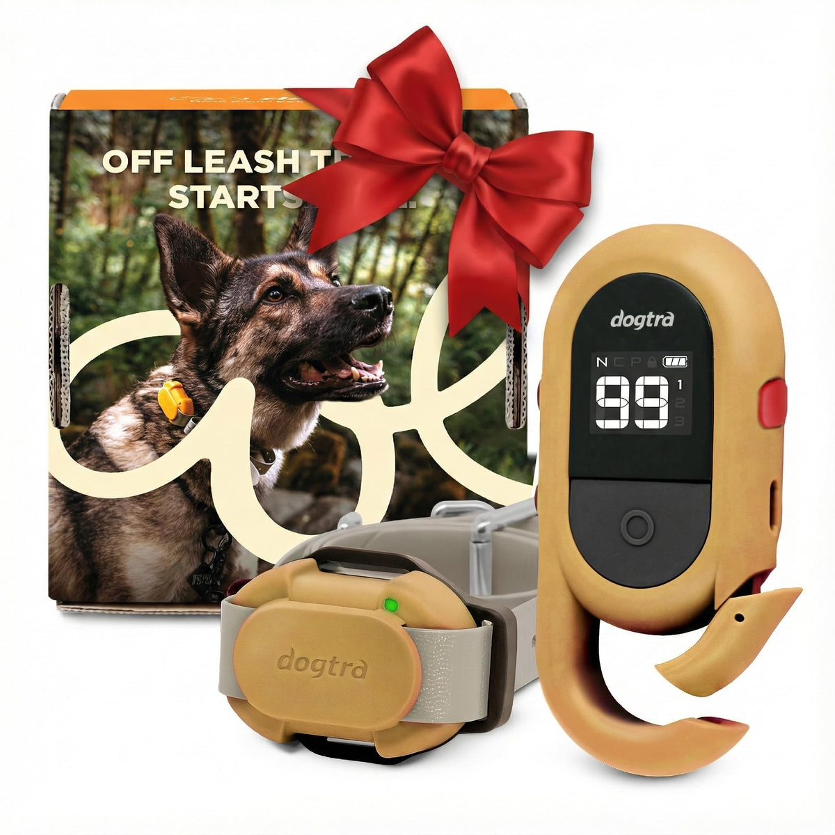 Dogtra CUE Gen 2 tan remote close-up highlights easy controls for training beginners