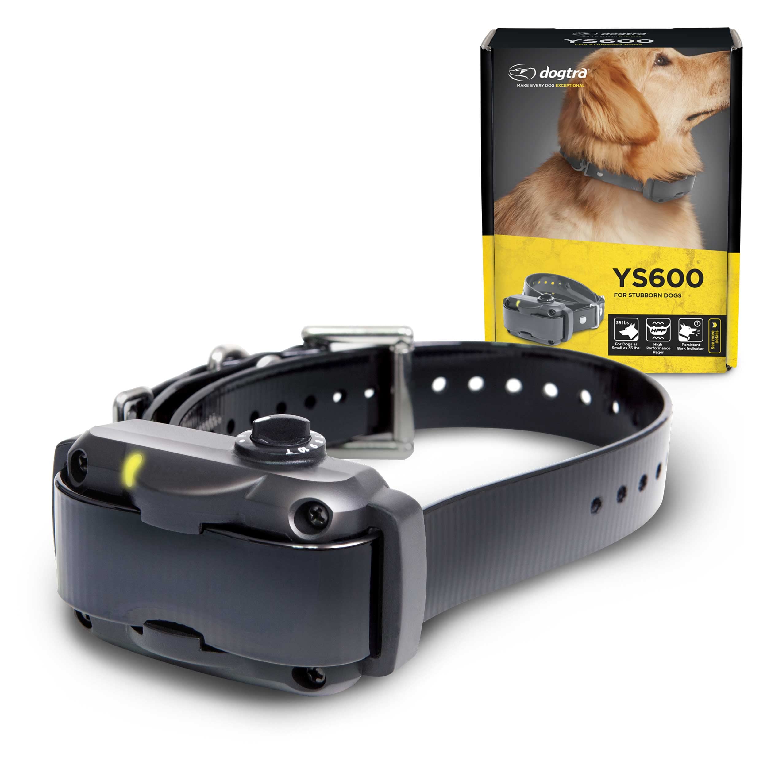 Dogtra YS600 collar closeup showing accelerometer bark sensor for accurate corrections.