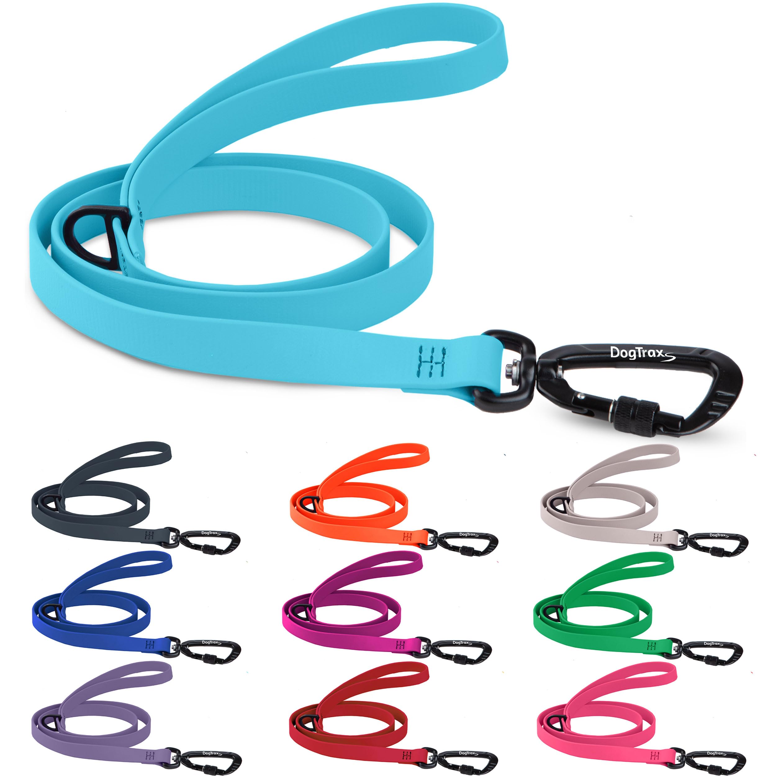 DogTraxs biothane-leash clip closeup demonstrates secure self-locking carabiner for safer walks.