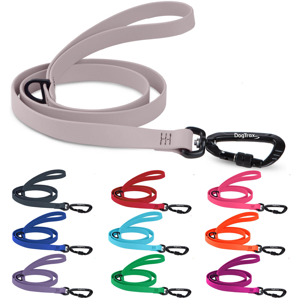 DogTraxs essential Biothane leash close-up highlighting the secure self-locking clip.