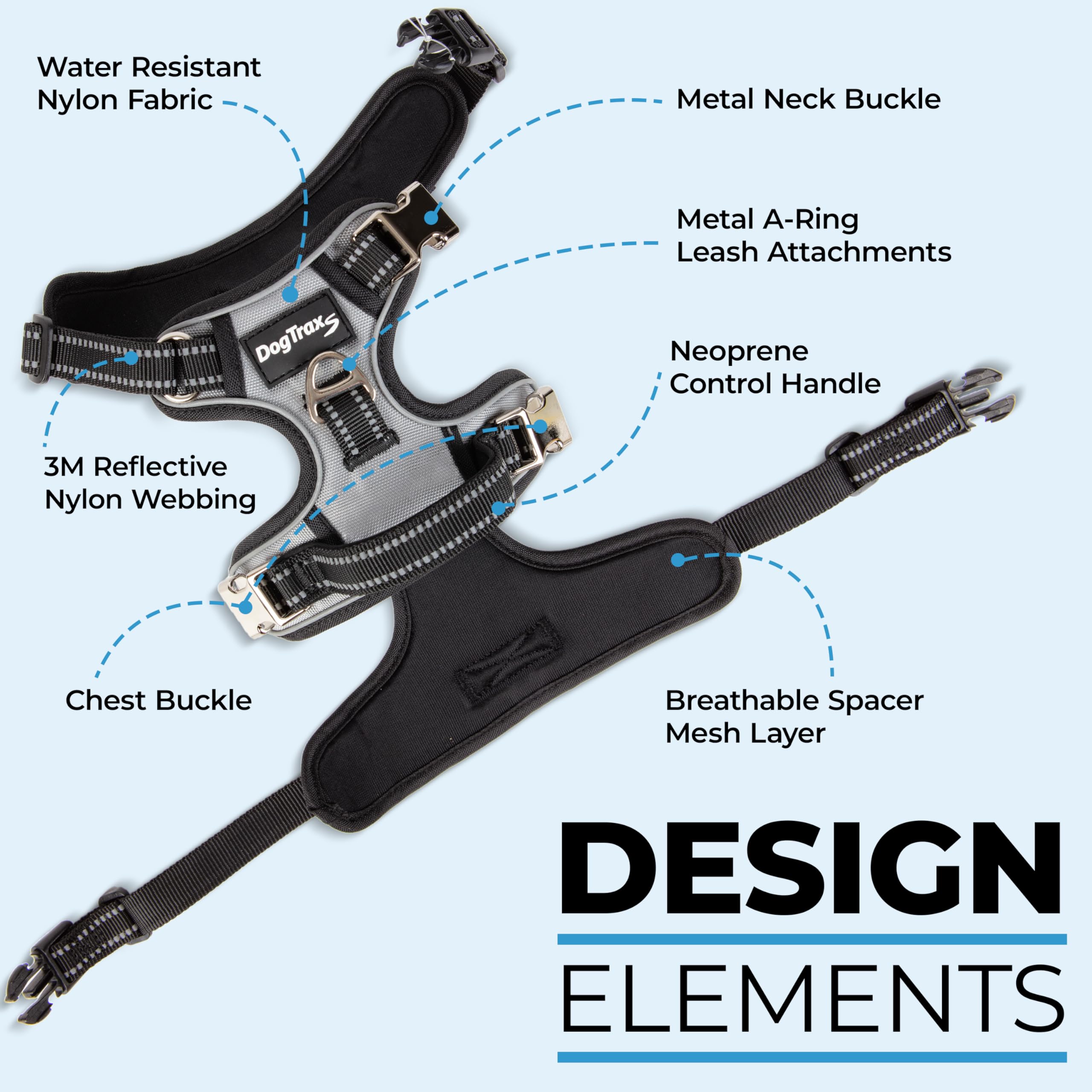 DogTraxs Step in Harness neoprene padded handle adds comfortable control during training.