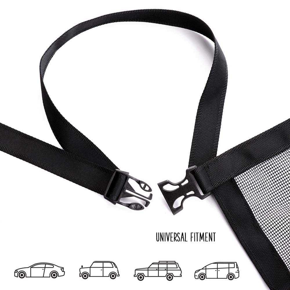 Dogual dog car net barrier installation demonstrates quick setup between headrests.