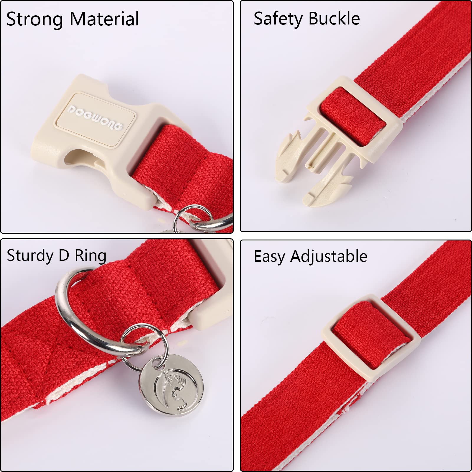 DOGWONG adjustable dog collar showing size options, perfect for growing puppies.