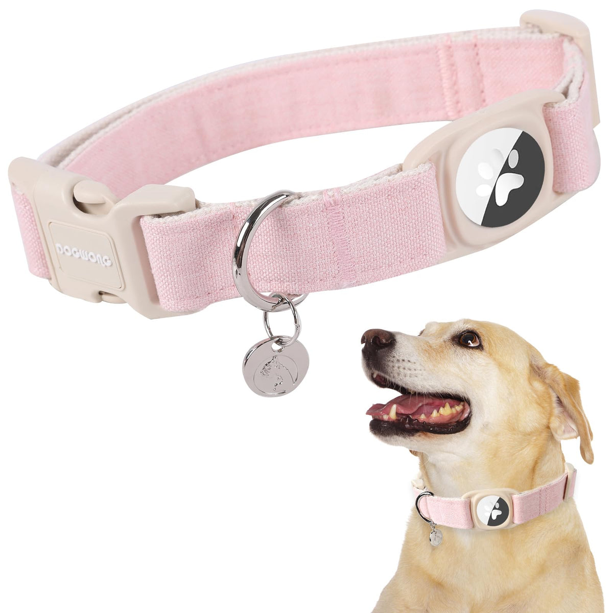 DOGWONG Airtag cotton hemp collar in pink for breathable daily wear.