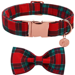 DOGWONG Christmas dog collar with bow tie in red plaid; ideal for festive photos.