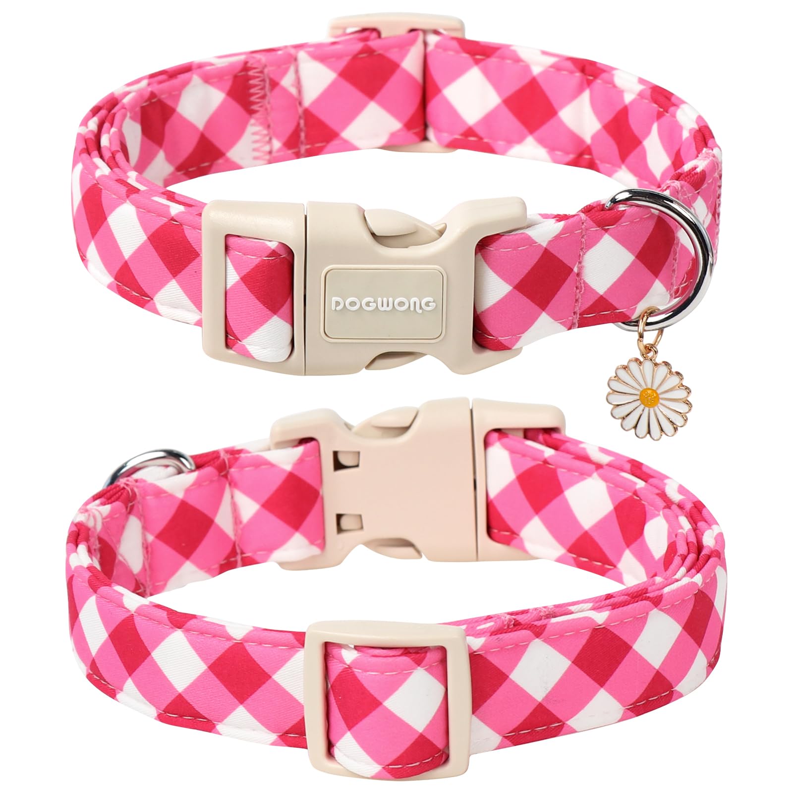 DogWong collar rosa a cuadros, hebilla resistente para mayor durabilidad