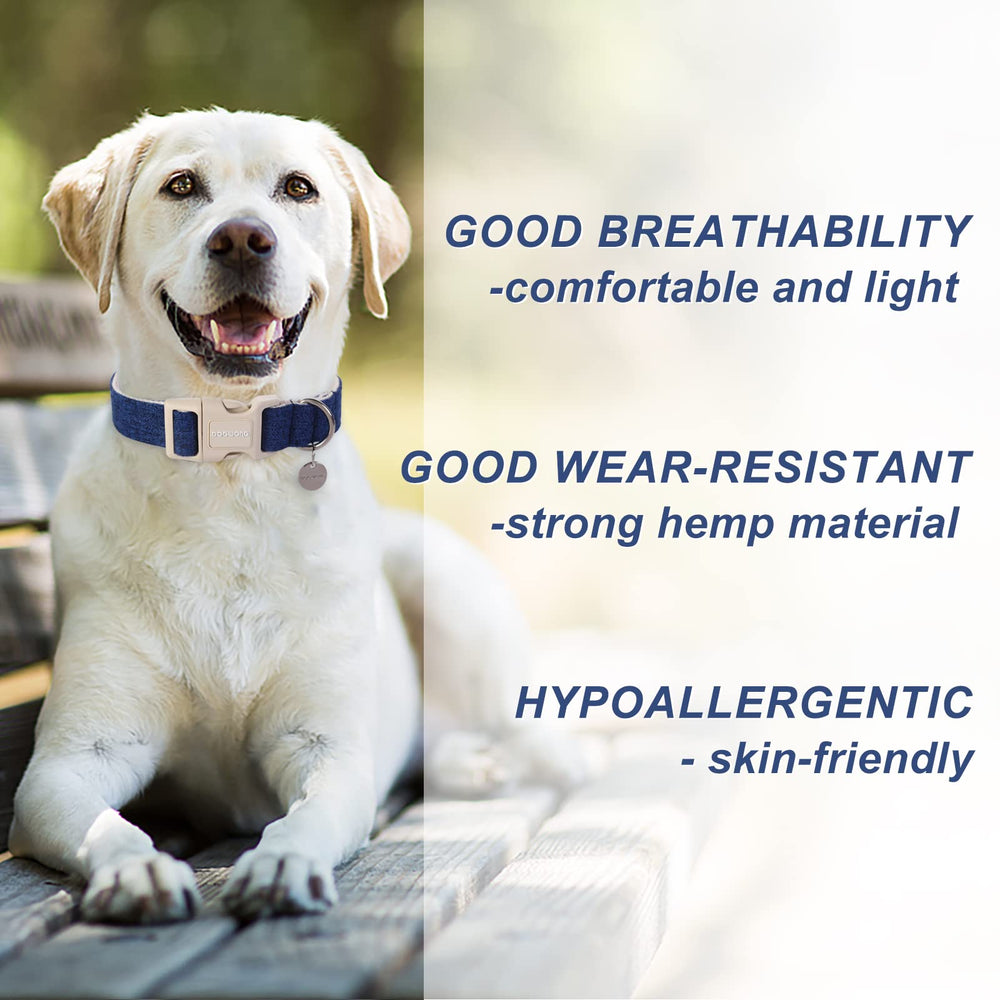 DOGWONG cotton hemp dog collar blue d-ring area enables easy leash connection