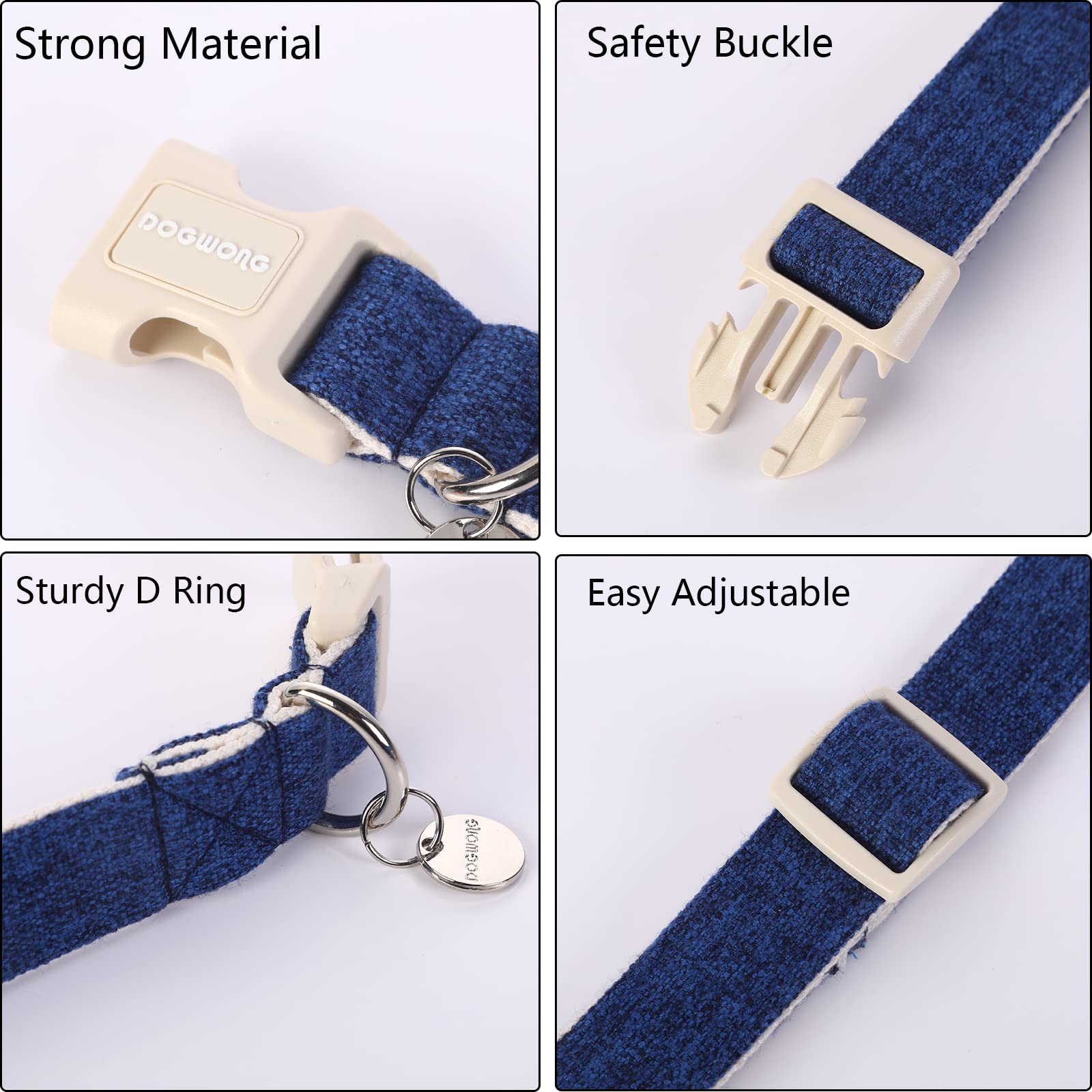 DOGWONG cotton hemp dog collar blue fabric detail highlights natural breathable material