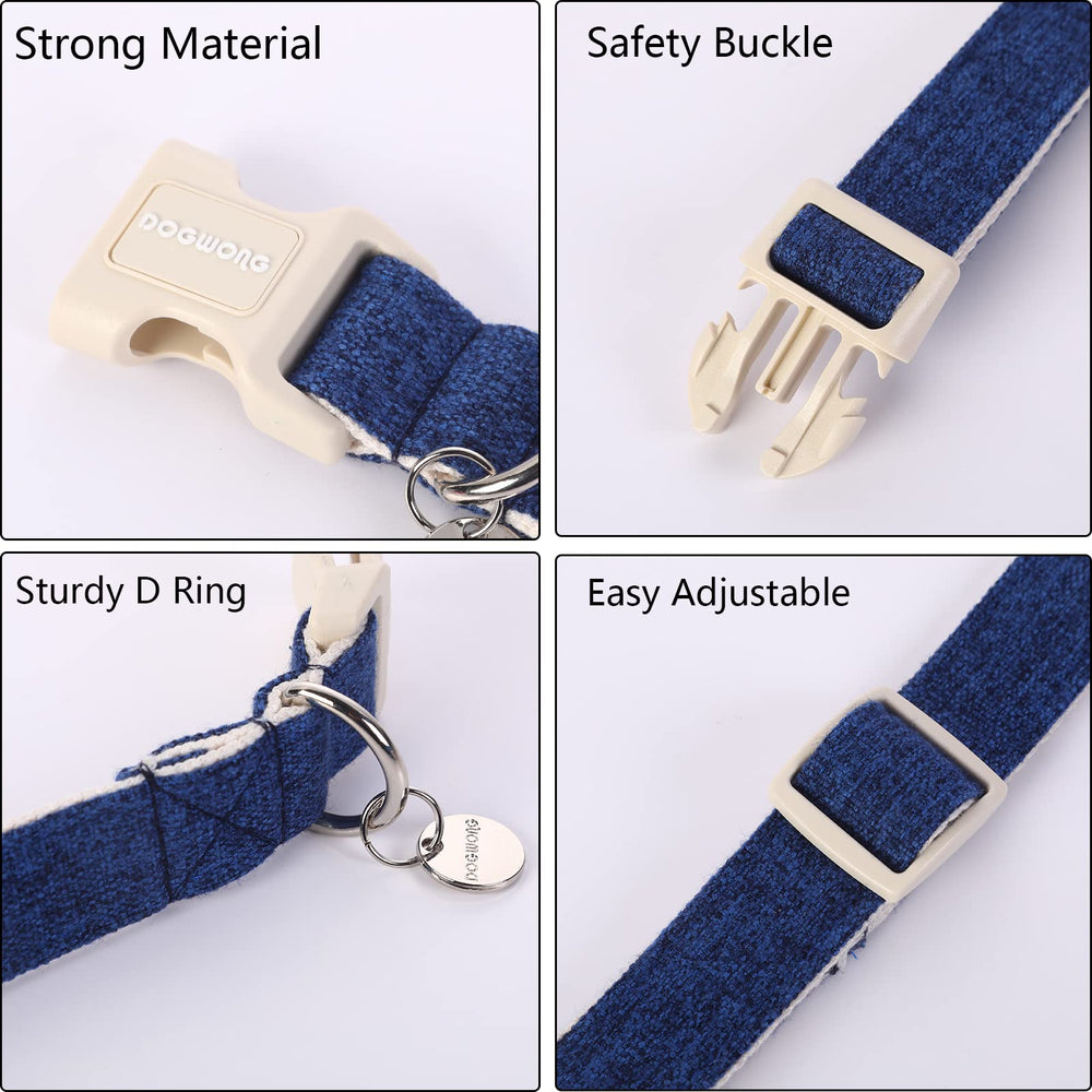 DOGWONG cotton hemp dog collar blue fabric detail highlights natural breathable material