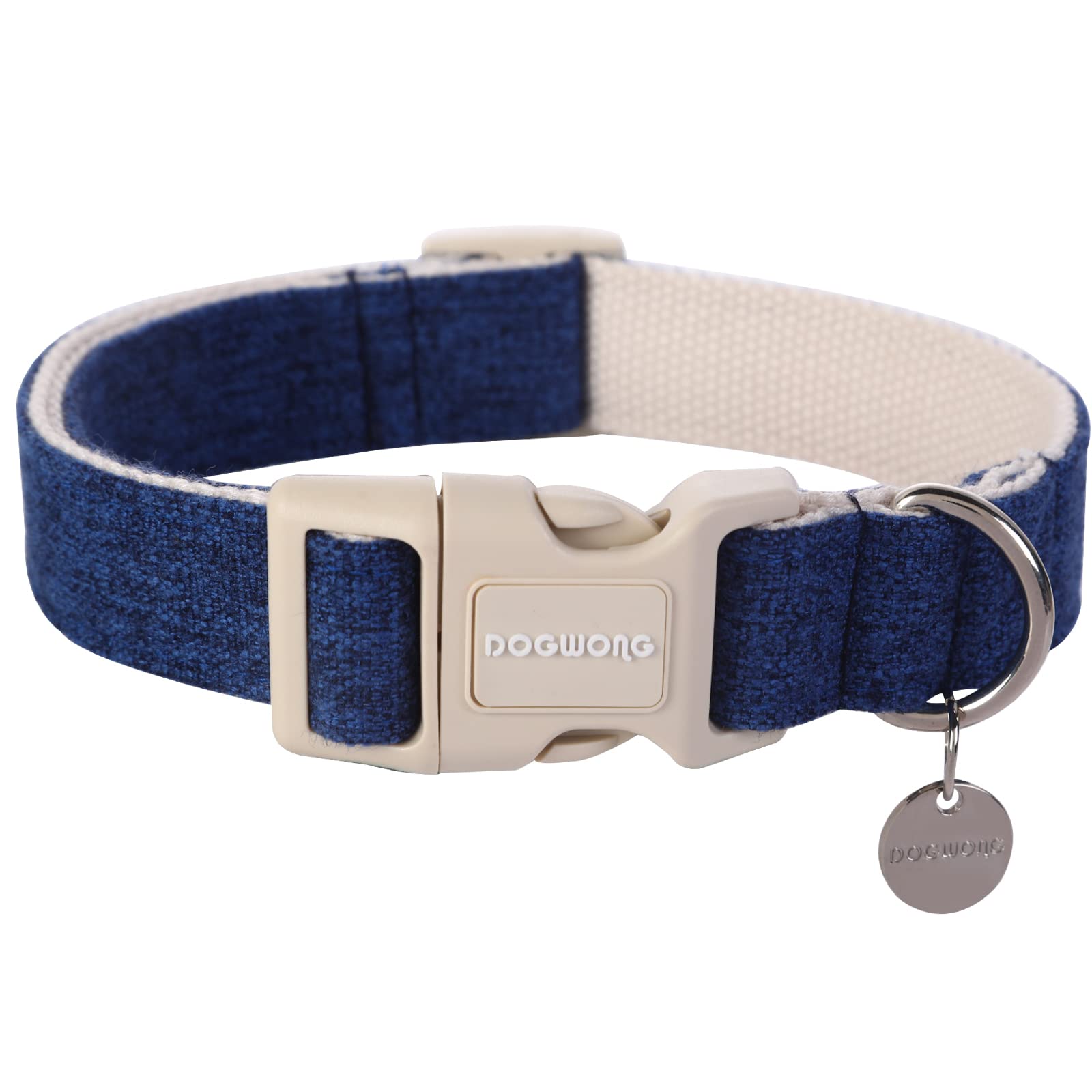 DOGWONG cotton hemp dog collar blue full view shows durable, adjustable everyday wear