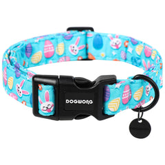 DOGWONG Easter Dog Collar colorful egg-pattern closeup shows festive design and comfort