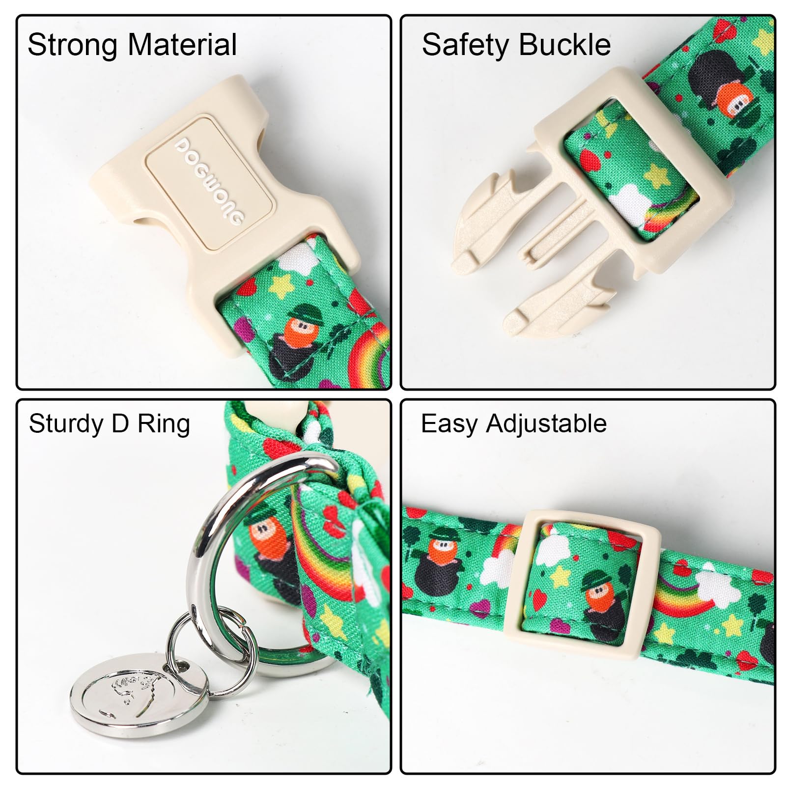 DogWONG Lucky Clover pattern collar—reliable D-ring for tag or leash.