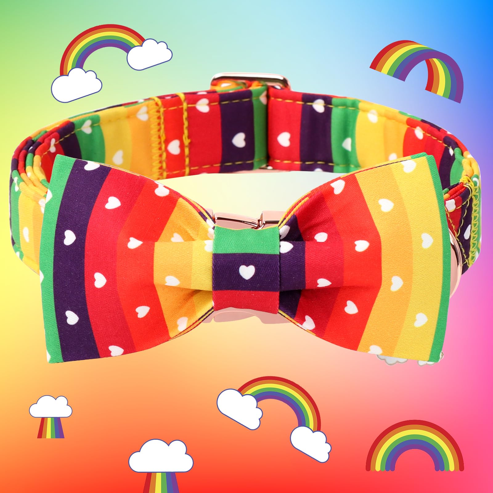 DOGWONG Rainbow Collar with Bow Tie front view shows vibrant colors and comfortable cotton.