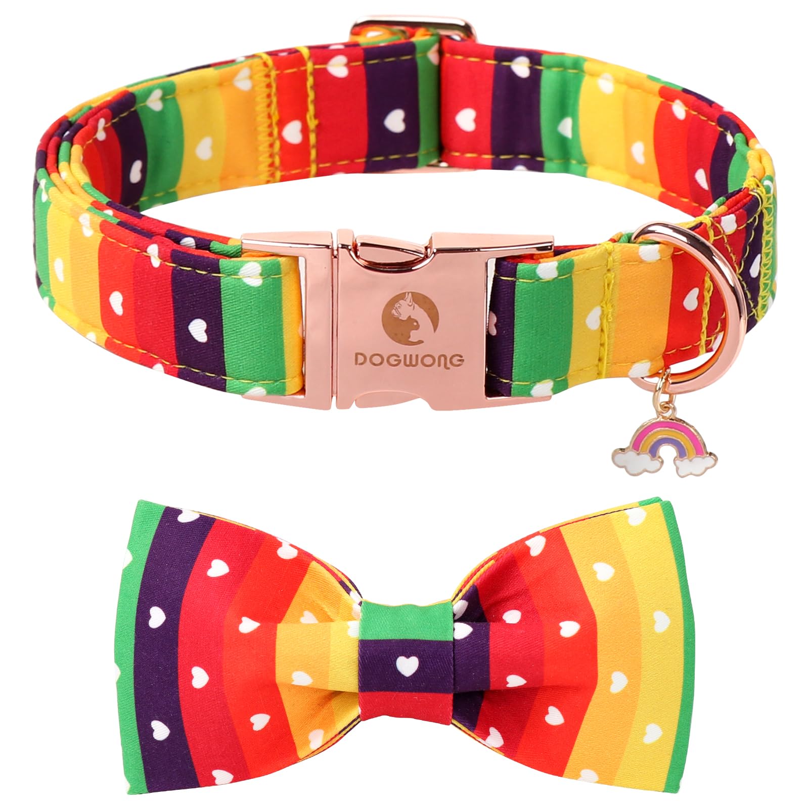 DOGWONG Rainbow Dog Collar with Bow Tie close-up of sturdy welded D-ring for secure leash attachment.