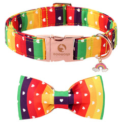 DOGWONG Rainbow Dog Collar with Bow Tie close-up of sturdy welded D-ring for secure leash attachment.