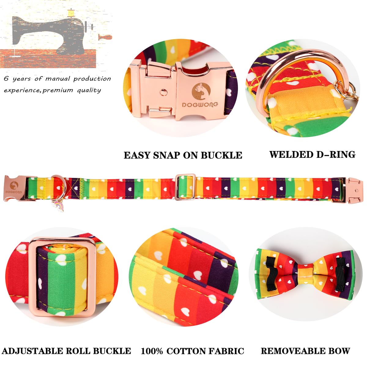 DOGWONG Rainbow Collar bow tie handmade with dual elastic straps for snug, slip-resistant fit.