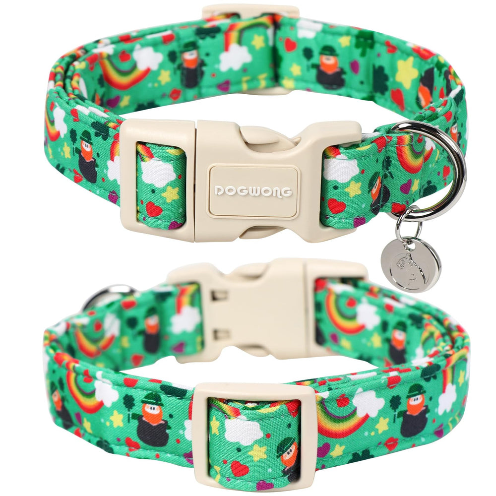 DogWONG St. Patrick's Day collar close-up—festive design with durable buckle.