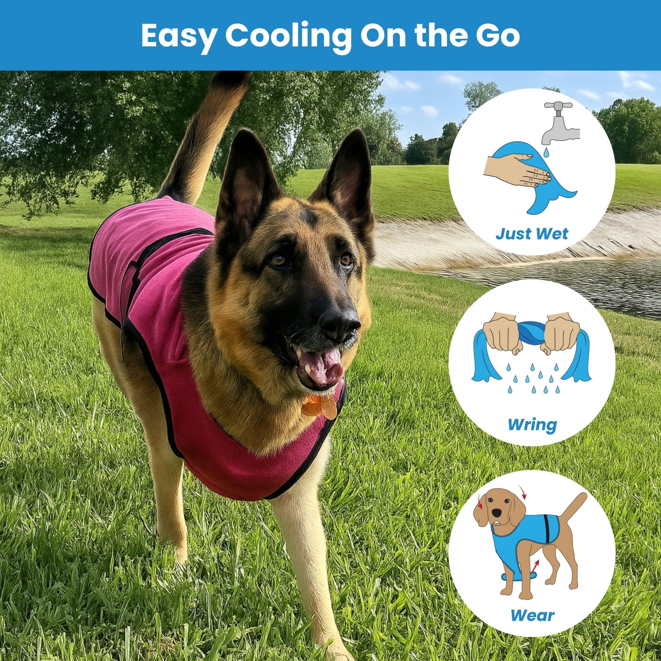 DOGZSTUFF cooling vest back view shows broad coverage for heat protection.