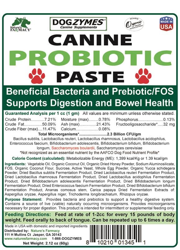 Dogzymes probiotic paste label close-up showing organic ingredients for gut balance.