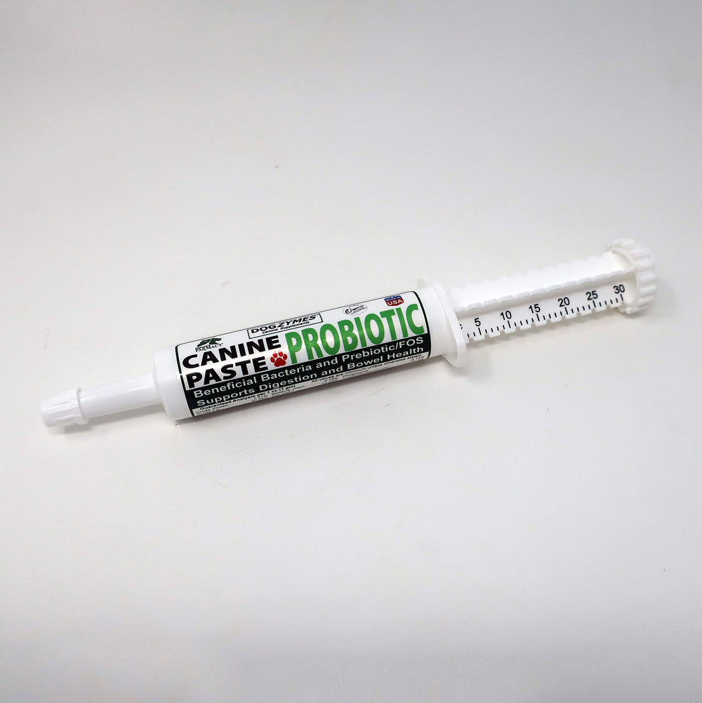 Dogzymes canine probiotic paste packaging highlights convenient shelf-stable formula for travel and home use