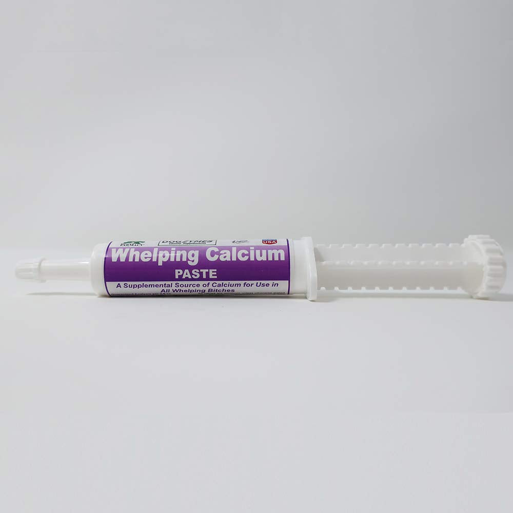 Dogzymes Canine Whelping Calcium Paste bottle shows easy-to-dose formula for breeding bitches.