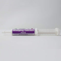 Dogzymes Canine Whelping Calcium Paste bottle shows easy-to-dose formula for breeding bitches.