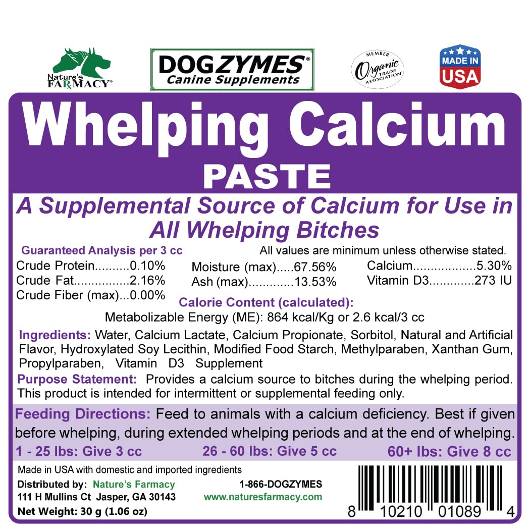 Dogzymes Canine Whelping Calcium Paste packaging box emphasizes convenient storage.