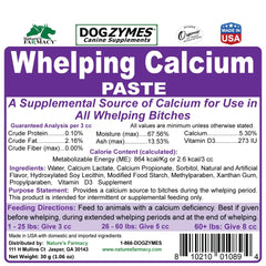 Dogzymes Canine Whelping Calcium Paste packaging box emphasizes convenient storage.