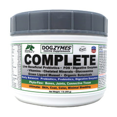Dogzymes Complete bottle label highlighting digestion-support nutrients.