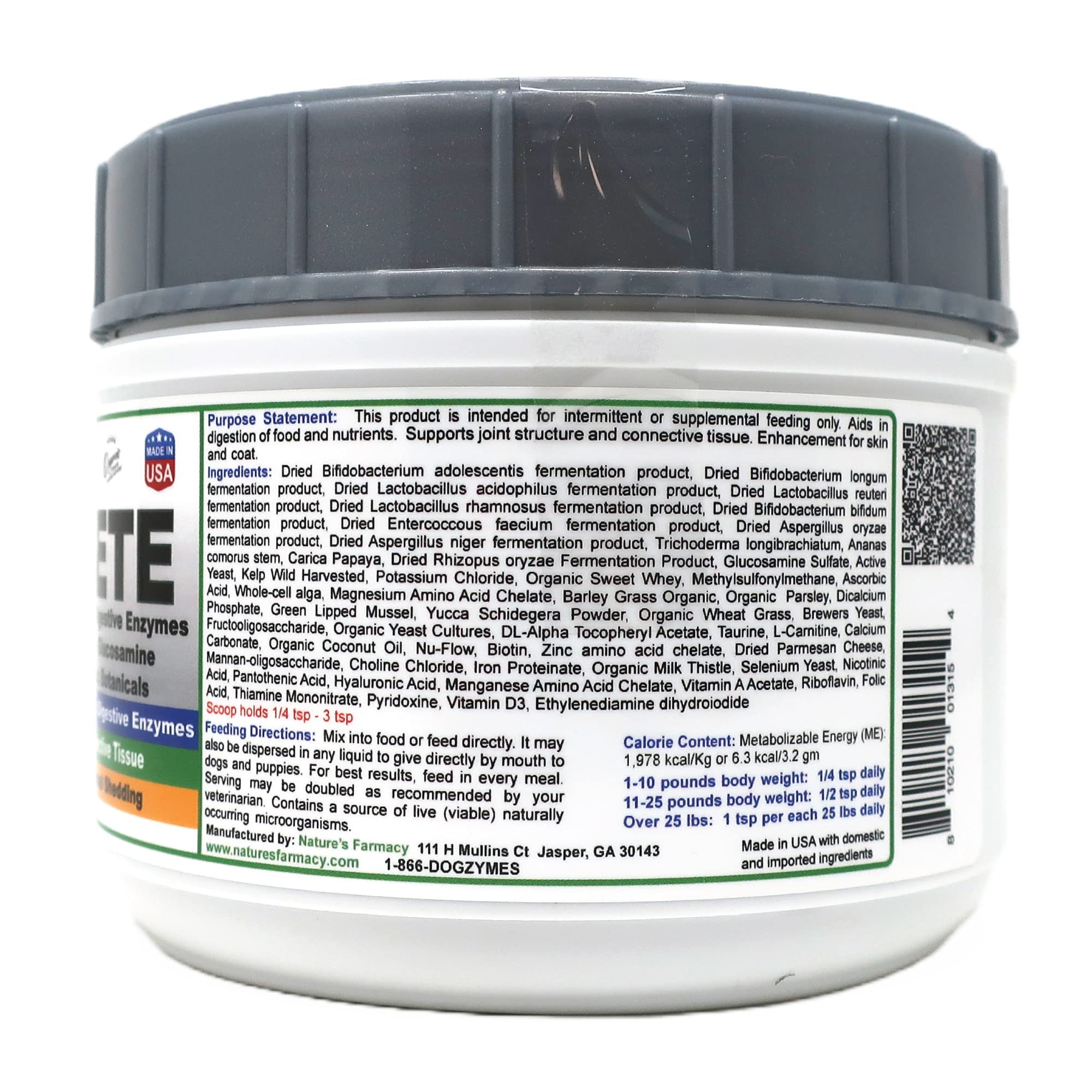 Dogzymes Complete bottle with scoop illustrates easy daily supplement.