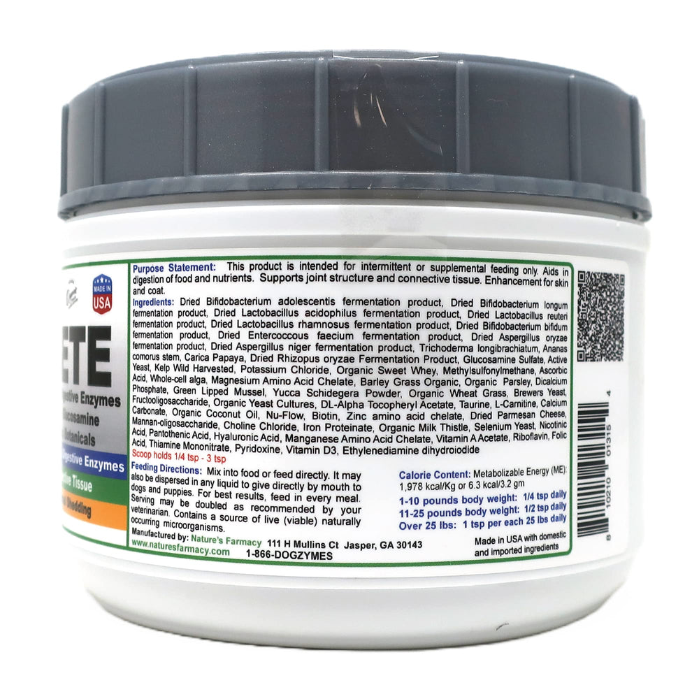 Dogzymes Complete bottle with scoop illustrates easy daily supplement.