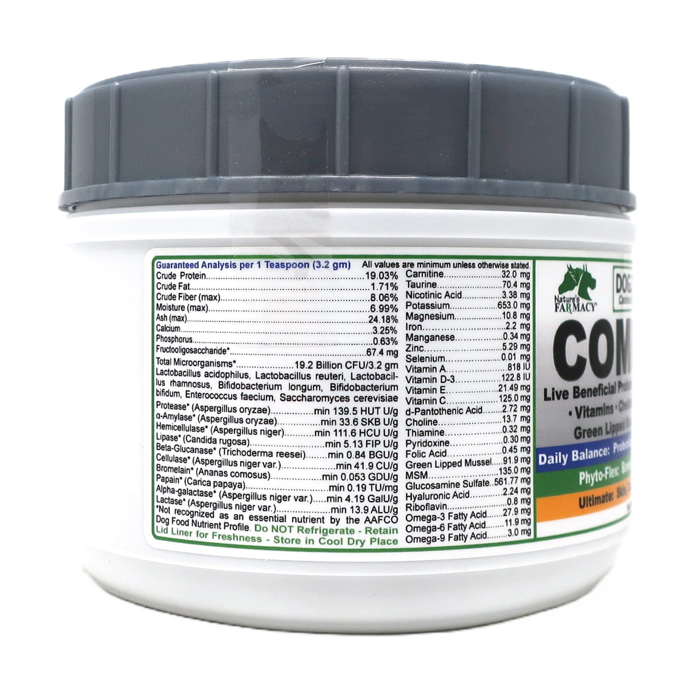 Dogzymes Complete serving on dog food showing joint and coat support.