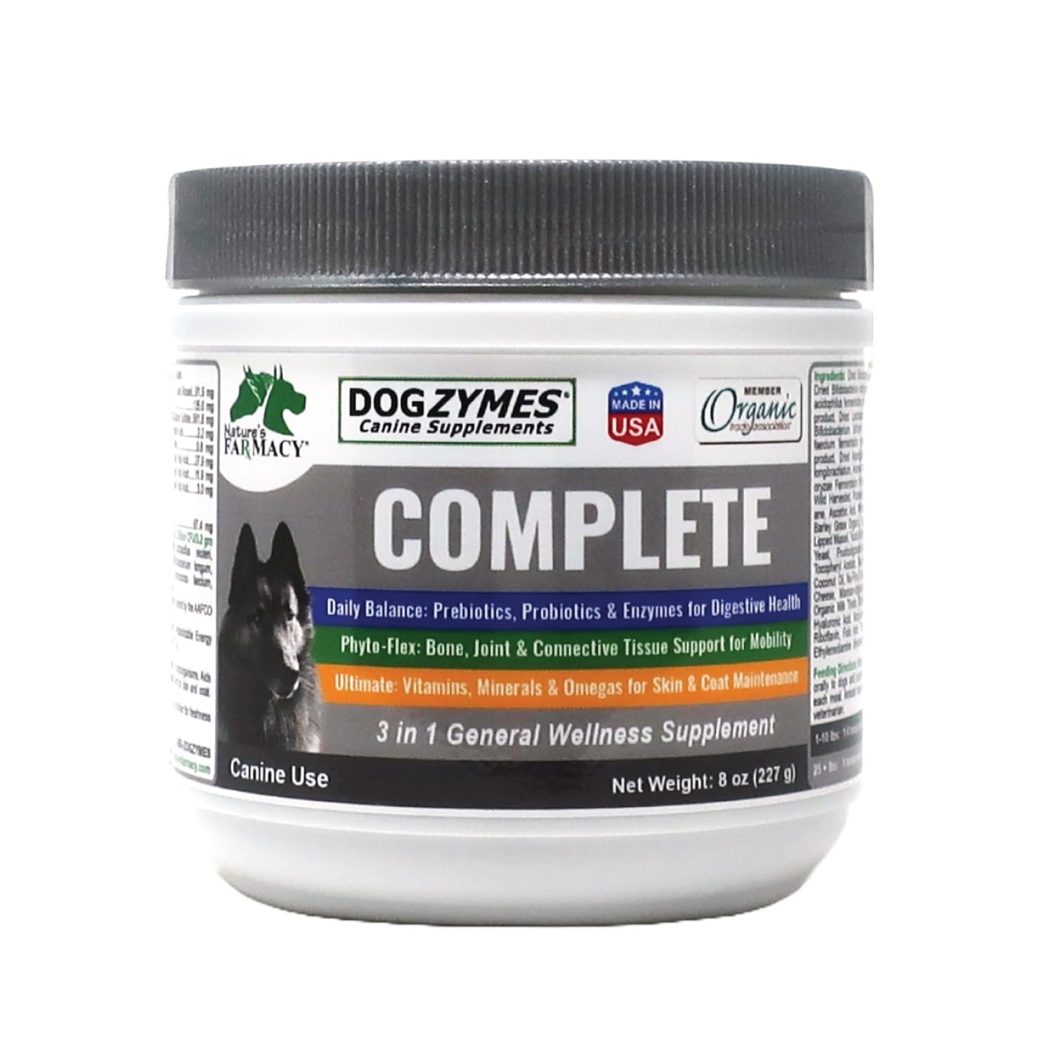 Dogzymes Complete dog supplement jar — vitamins and omegas for joint support