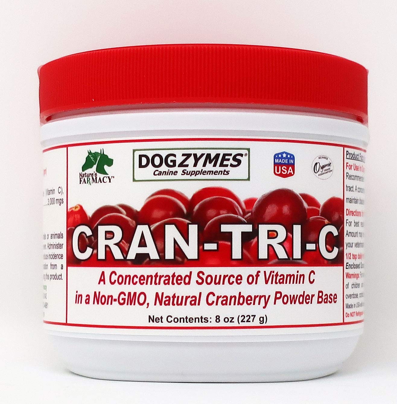Dogzymes Cran Tri C bottle label highlighting cranberry and vitamin C blend for urinary support