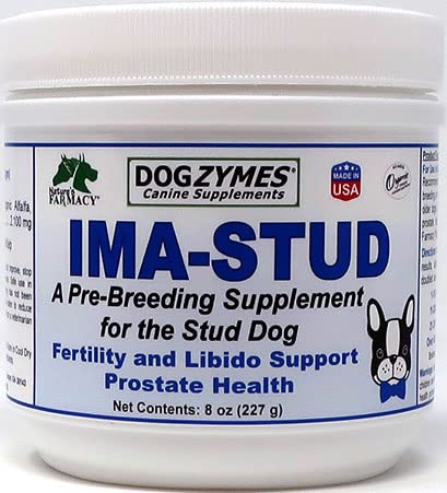 Dogzymes Ima Stud Botanical Blend bottle supports breeding vitality and readiness for stud dogs.