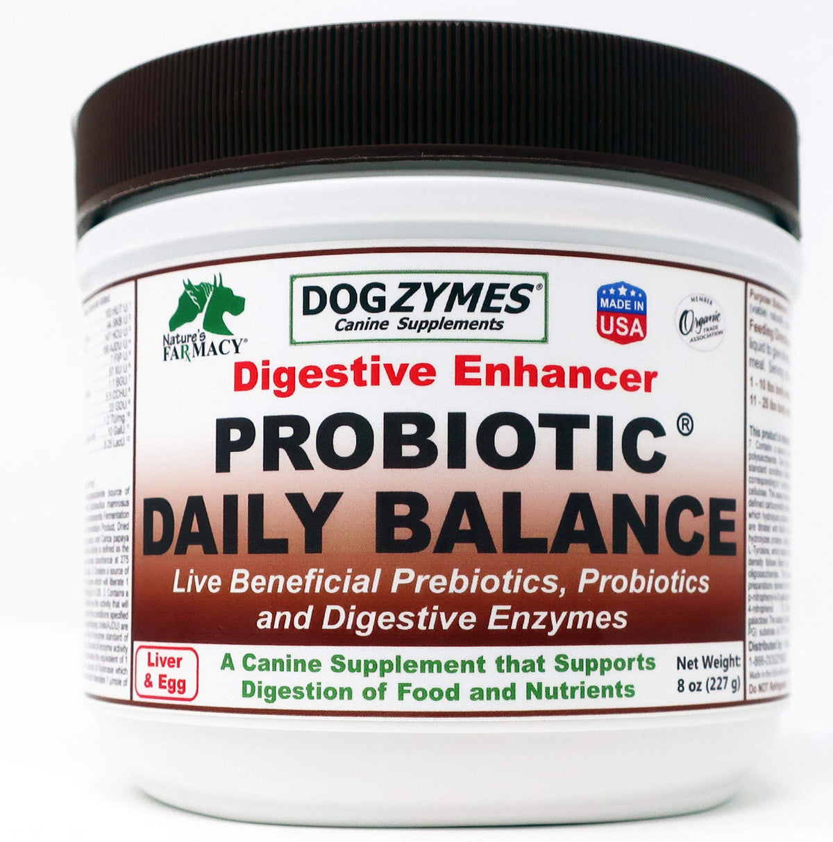 Dogzymes Probiotic Daily Balance bottle highlighting live cultures for intestinal well-being
