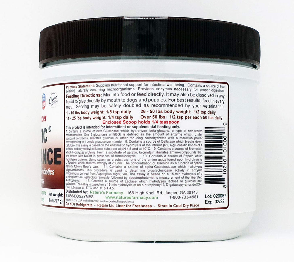 Dogzymes Probiotic Daily Balance ingredients-label presents live cultures and enzymes