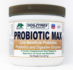 Dogzymes Probiotic Max bottle-front showing jar size and digestive-supporting formula