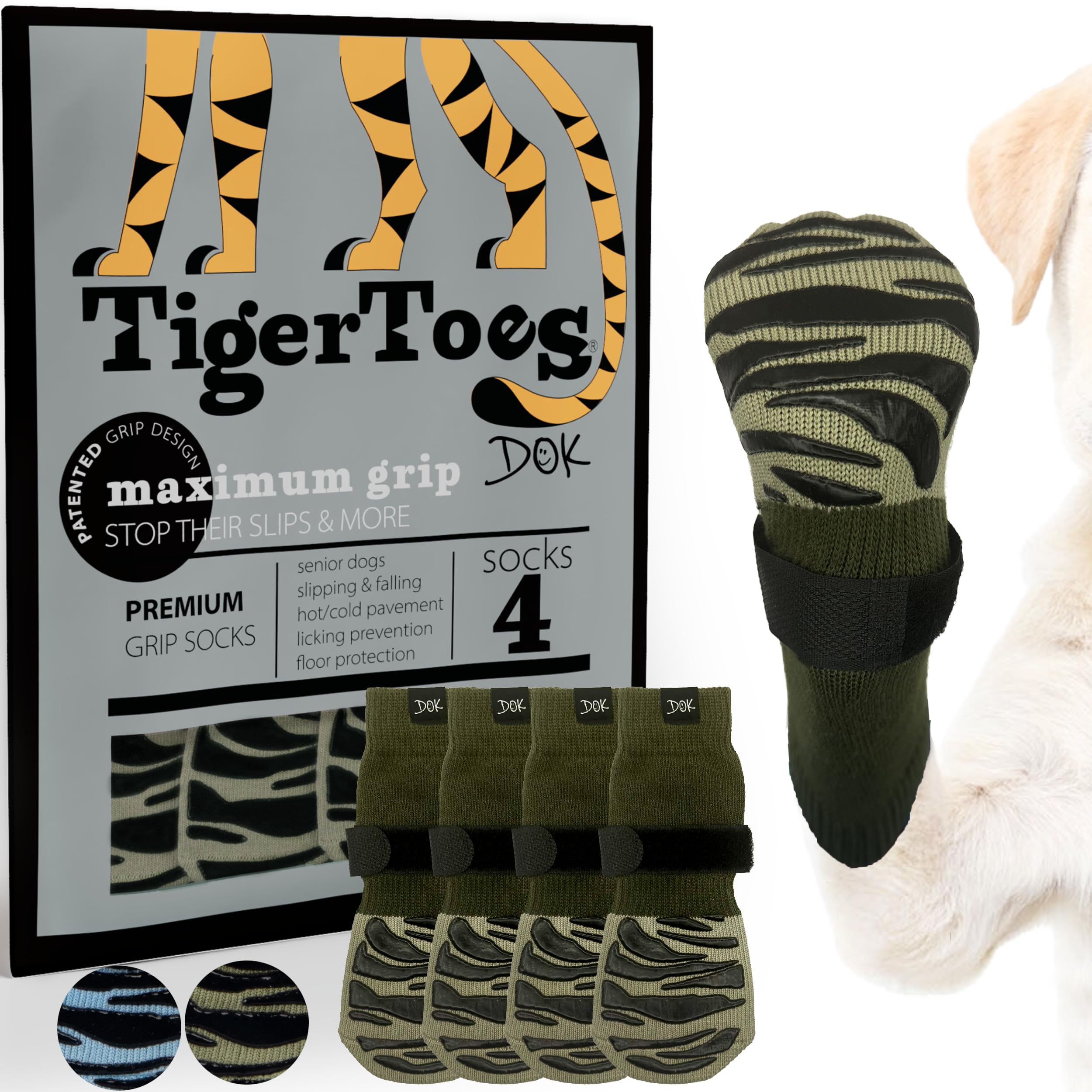 DOK TigerToes forest green XXL paw sock on hardwood floor for improved traction.