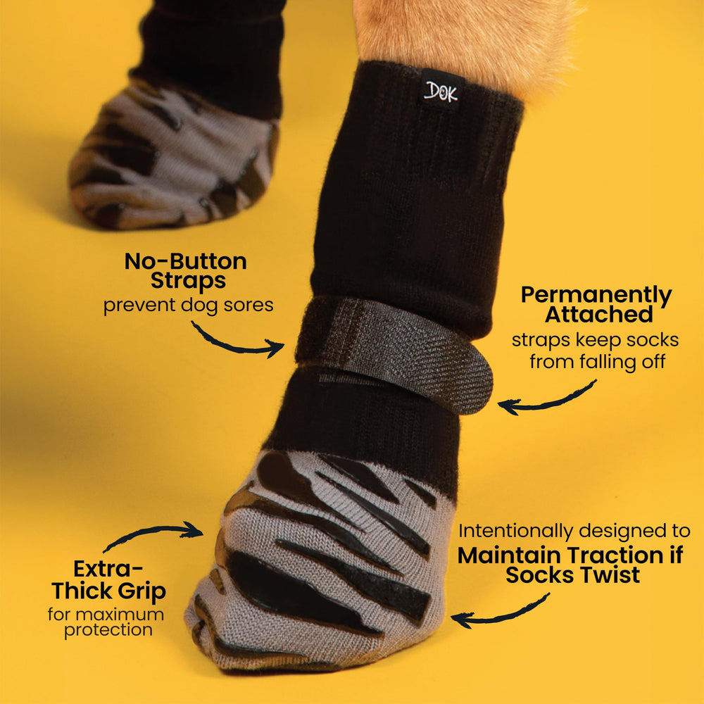 DOK TigerToes grip detail shows 3x more traction for twist-resistant performance.