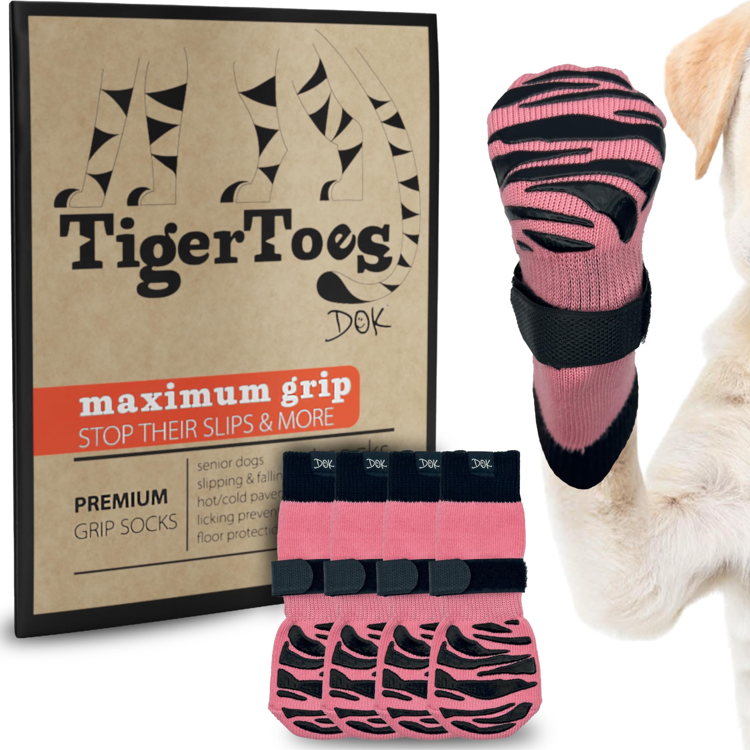 DOK TigerToes XXS pink paw socks on paw offering floor grip
