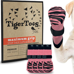 DOK TigerToes premium non-slip socks on wood floors improve traction for senior dogs.
