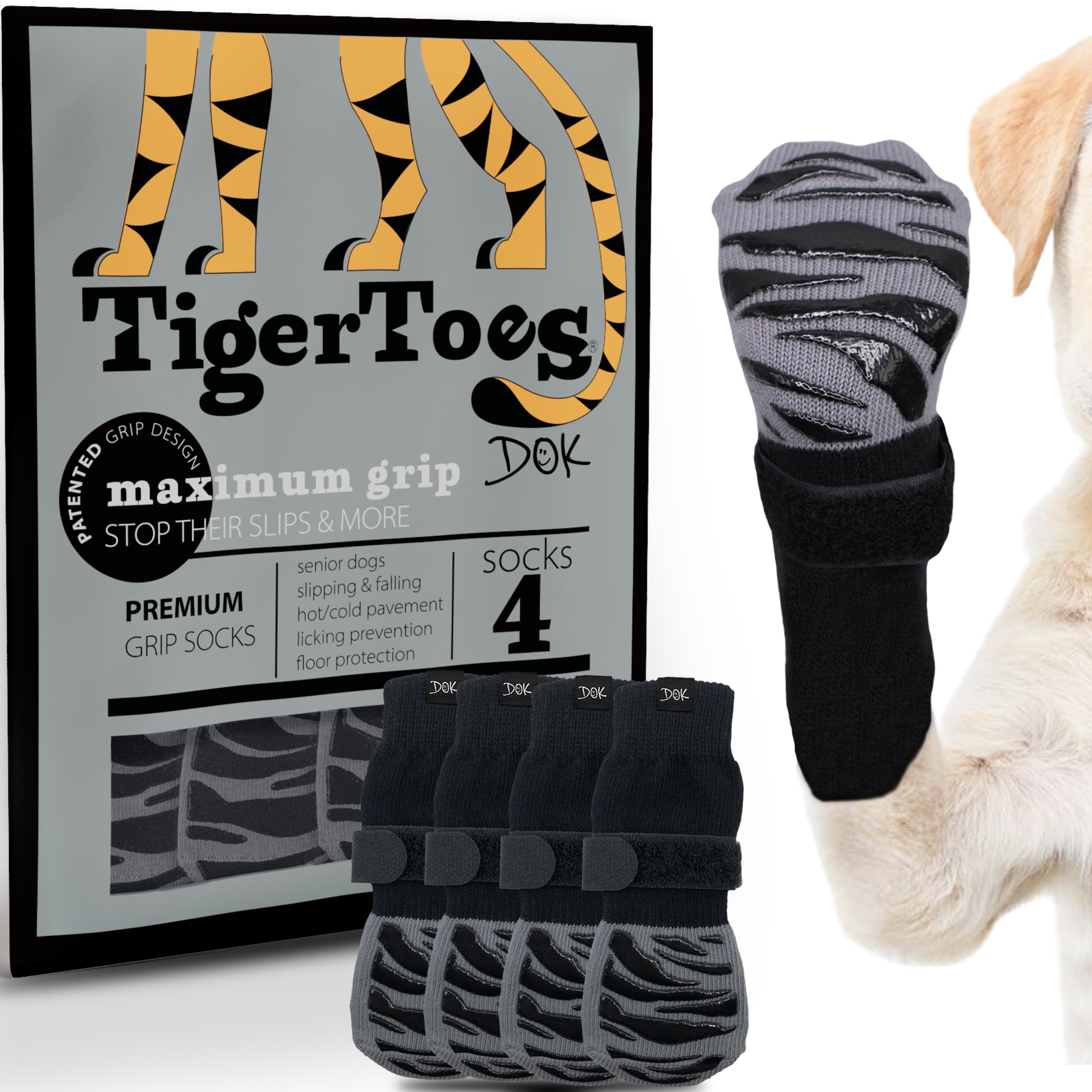 DOK TigerToes XXXL paw traction on hardwood floors improves senior dogs' stability.
