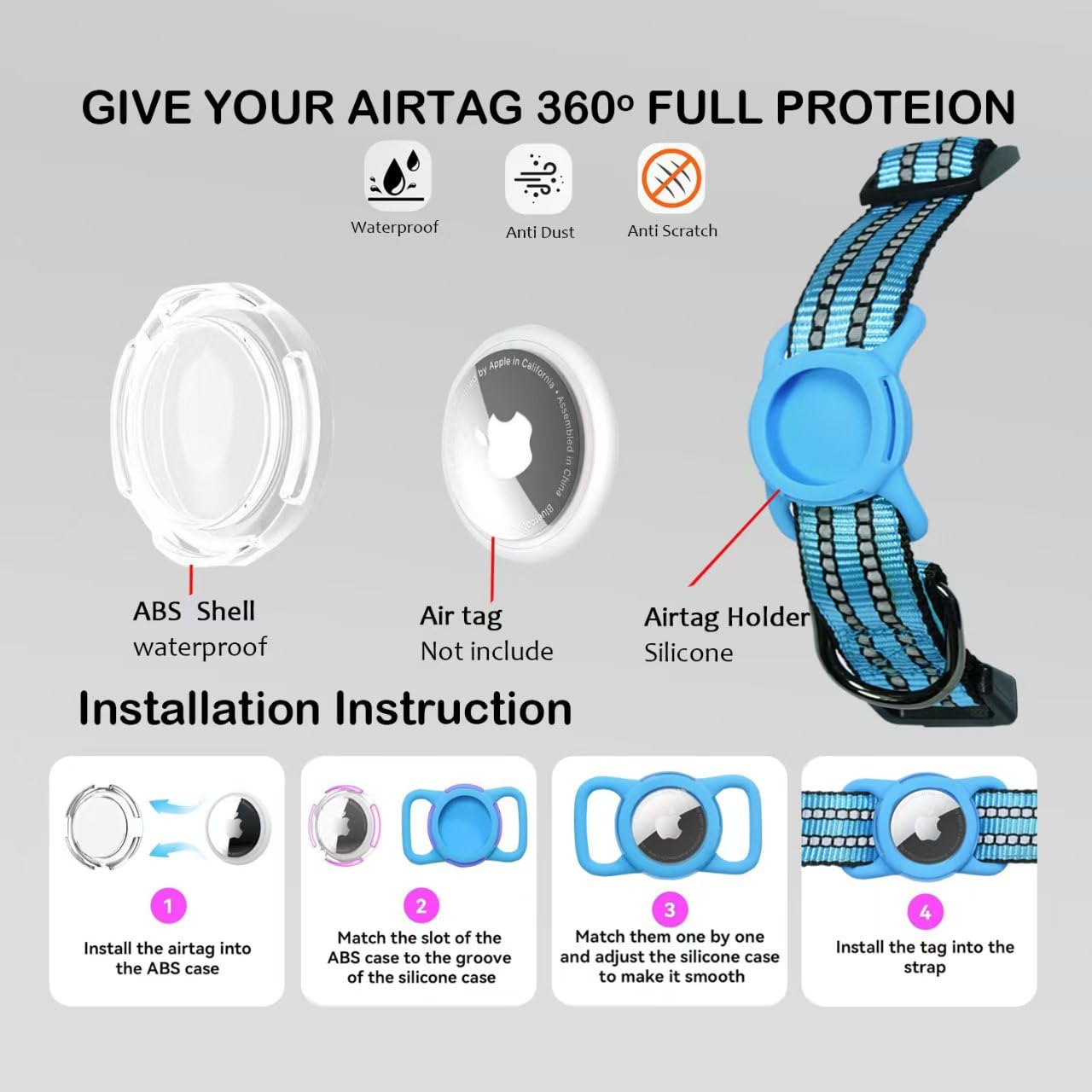 Dokitag AirTag holder on collar keeps tracking within reach.